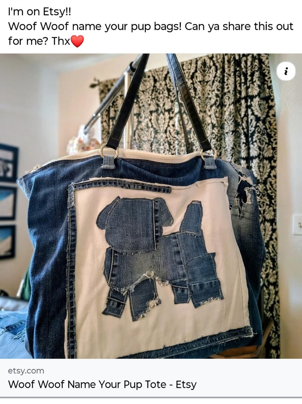 Denim Patchwork Tote Bag with Puppy 💜 Handmade Abstract - Picture 13 of 14